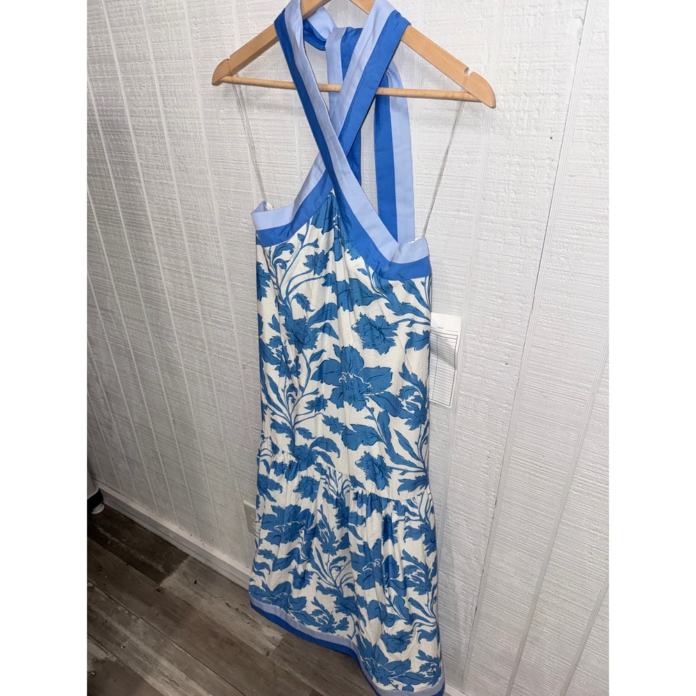Entro Floral Halter Midi Dress Womens Blue White Coastal Tiered Pockets Small - Picture 3 of 6